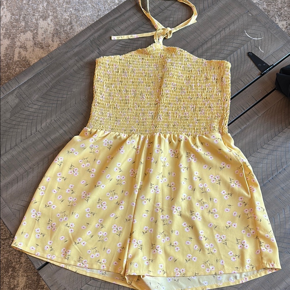 Lily Rose Yellow Floral Shorts Romper Jumpsuit strapless halter